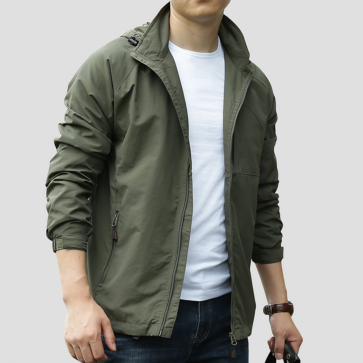 Veste cargo imperméable homme à capuche, coupe droite, vert militaire