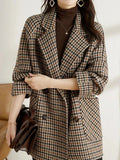 Veste à carreaux femme oversize, double boutonnage et revers, marron