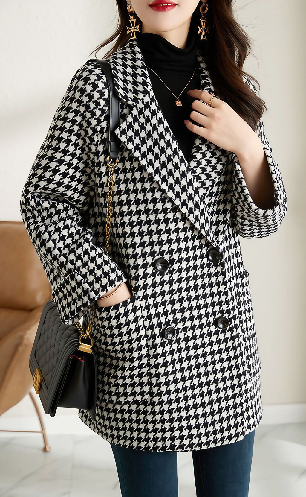 Veste à carreaux femme oversize, double boutonnage et revers, noir