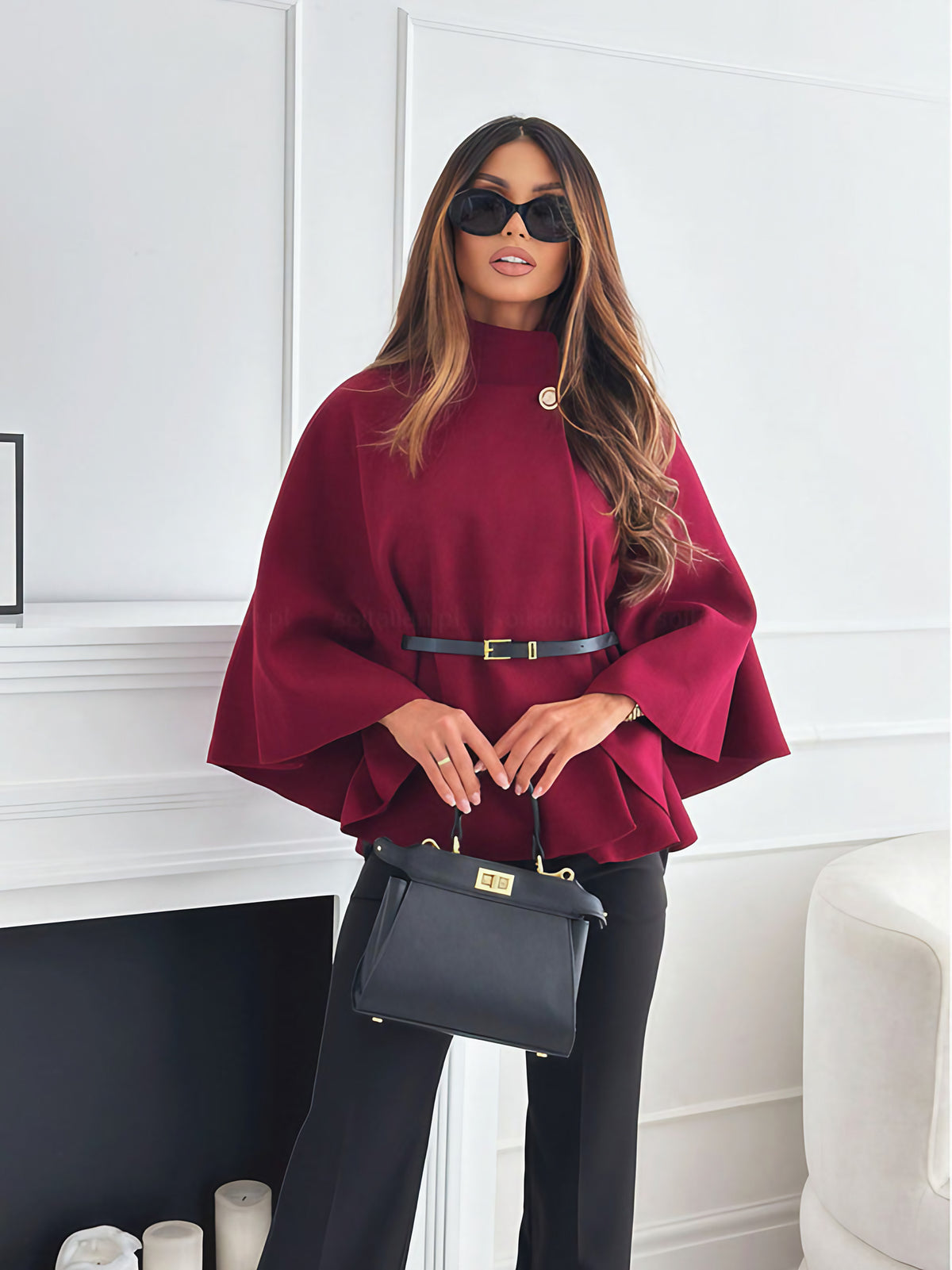 Veste ceinturée femme à col montant, manches longues, rouge
