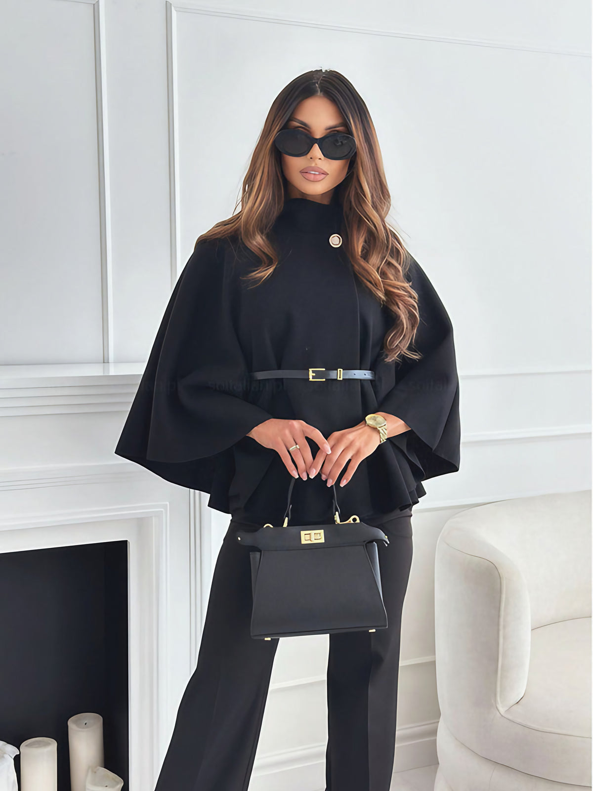Veste ceinturée femme à col montant, manches longues, noir