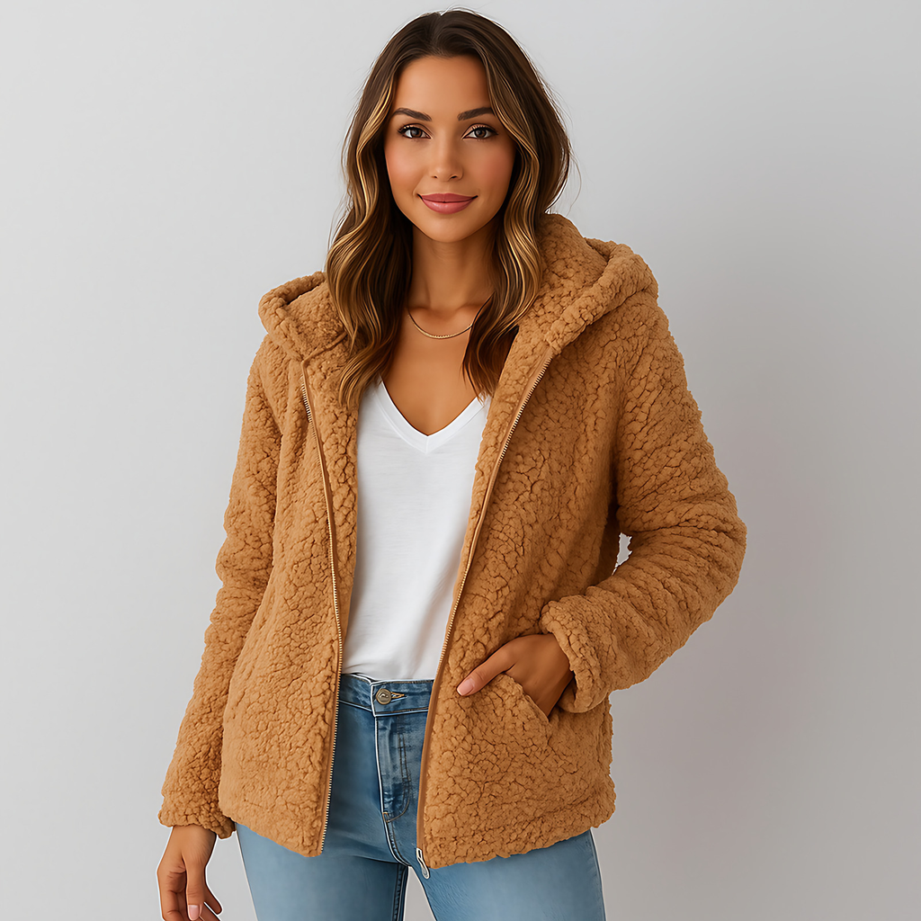 Veste chaude à capuche femme, poches latérales, dix coloris, café