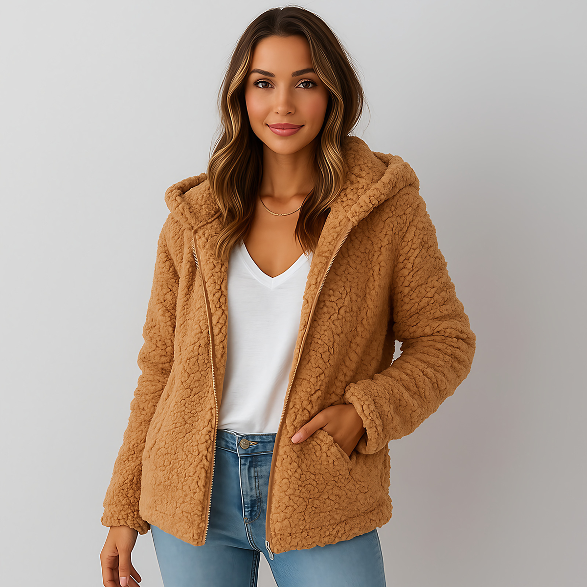 Veste chaude à capuche femme, poches latérales, dix coloris, café