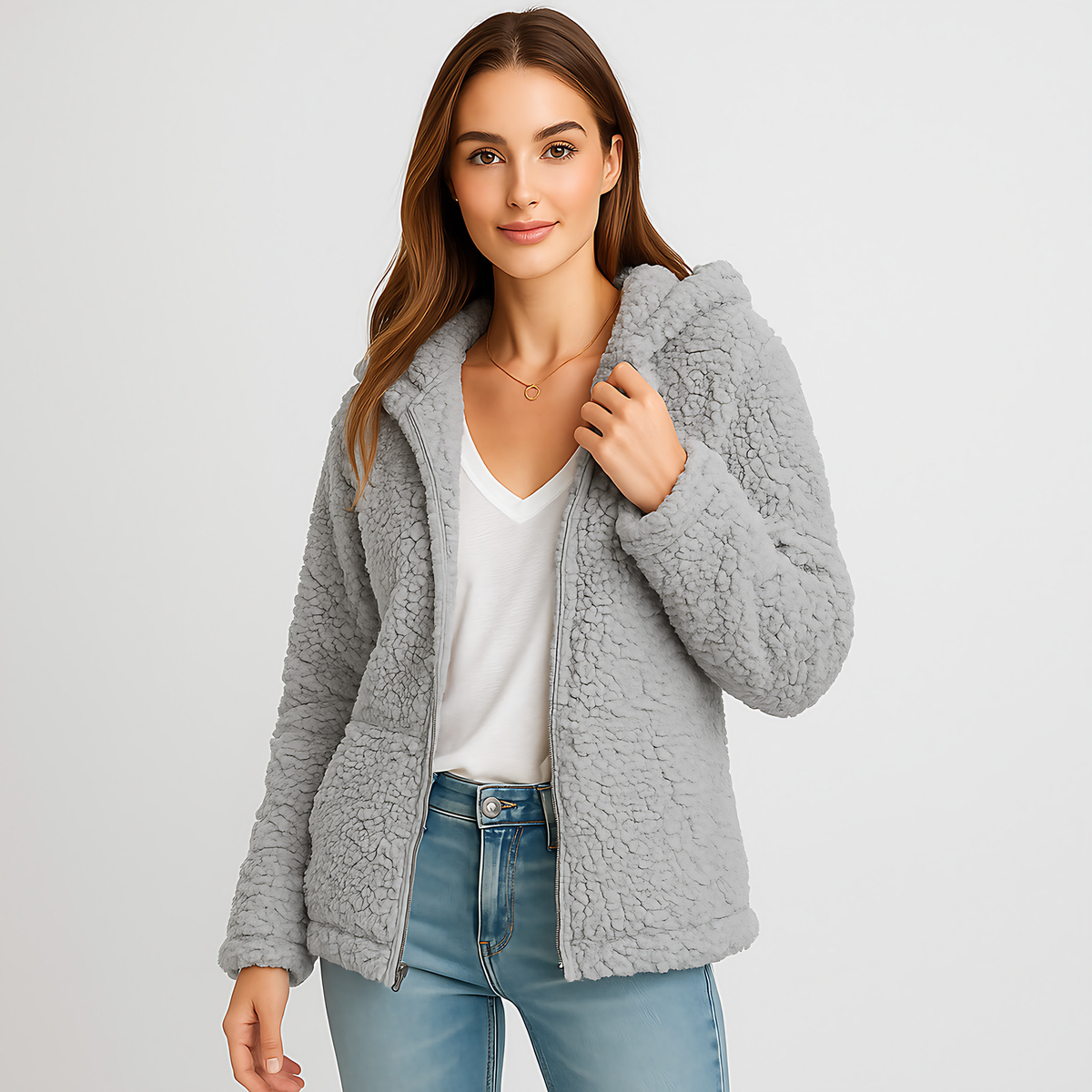Veste chaude à capuche femme, poches latérales, dix coloris, gris