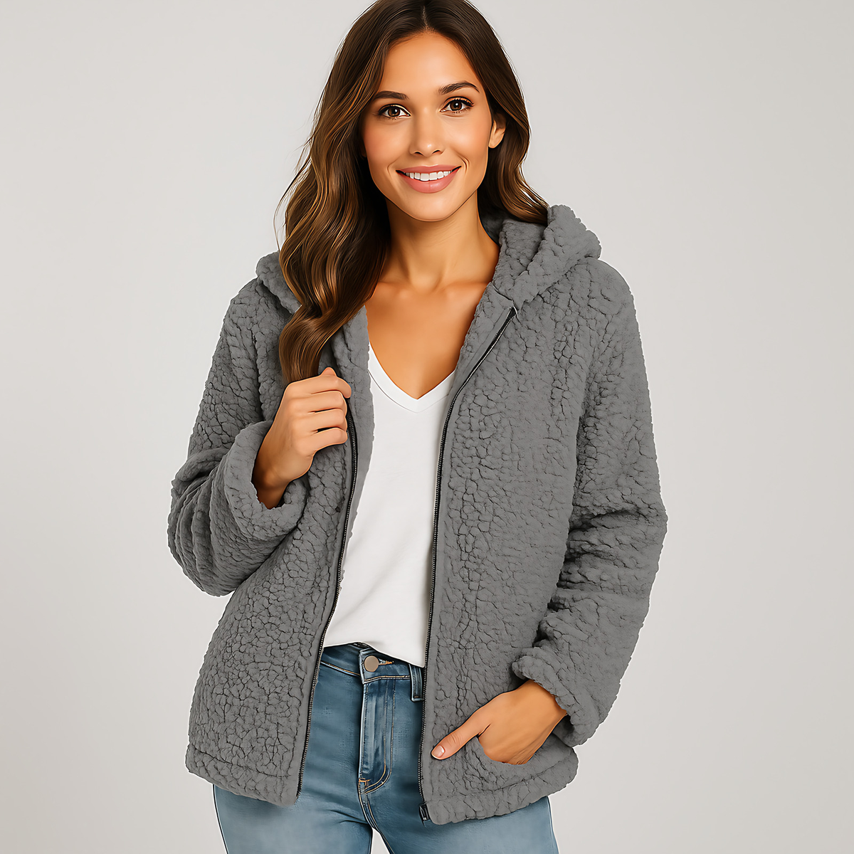 Veste chaude à capuche femme, poches latérales, dix coloris, gris foncé