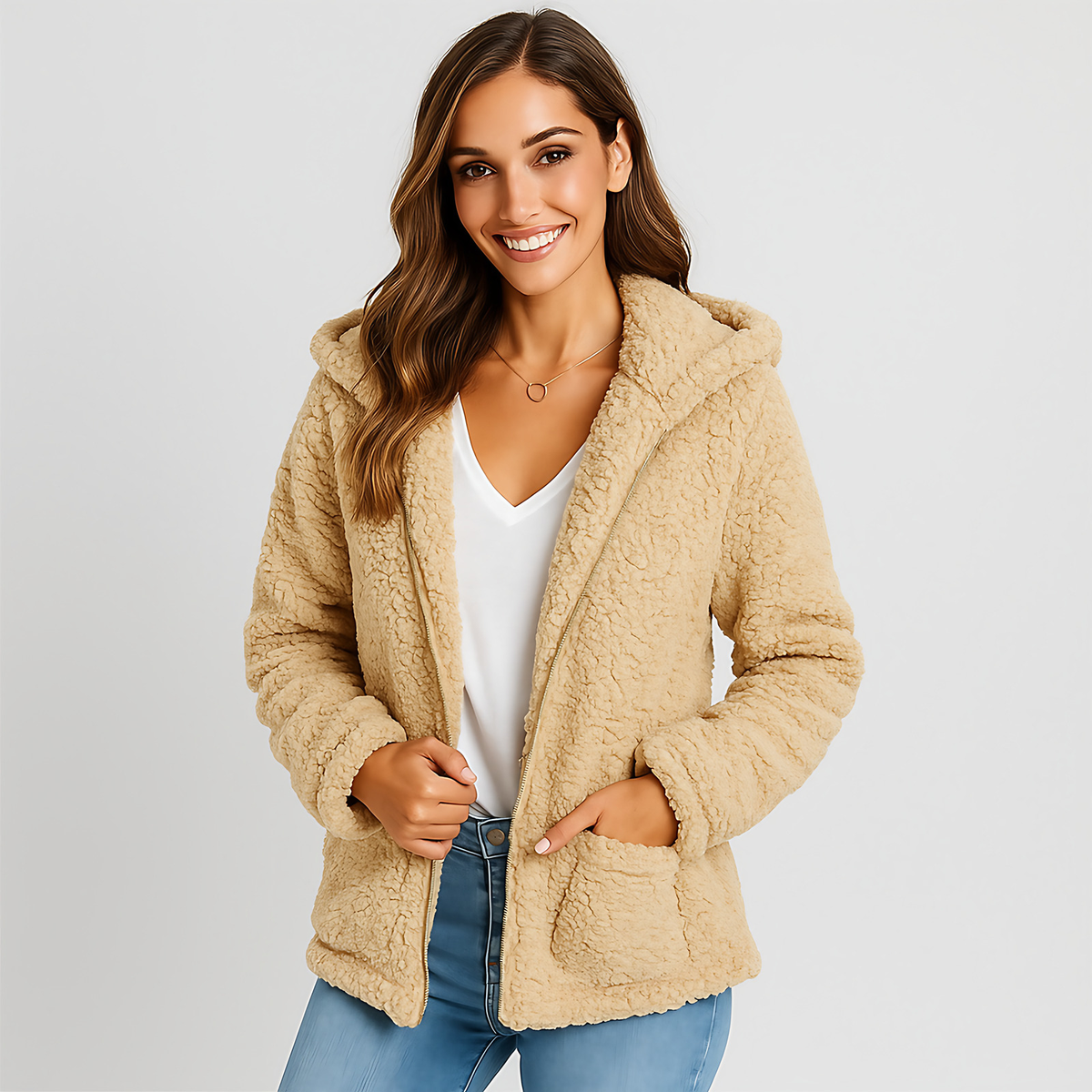 Veste chaude à capuche femme, poches latérales, dix coloris, kaki