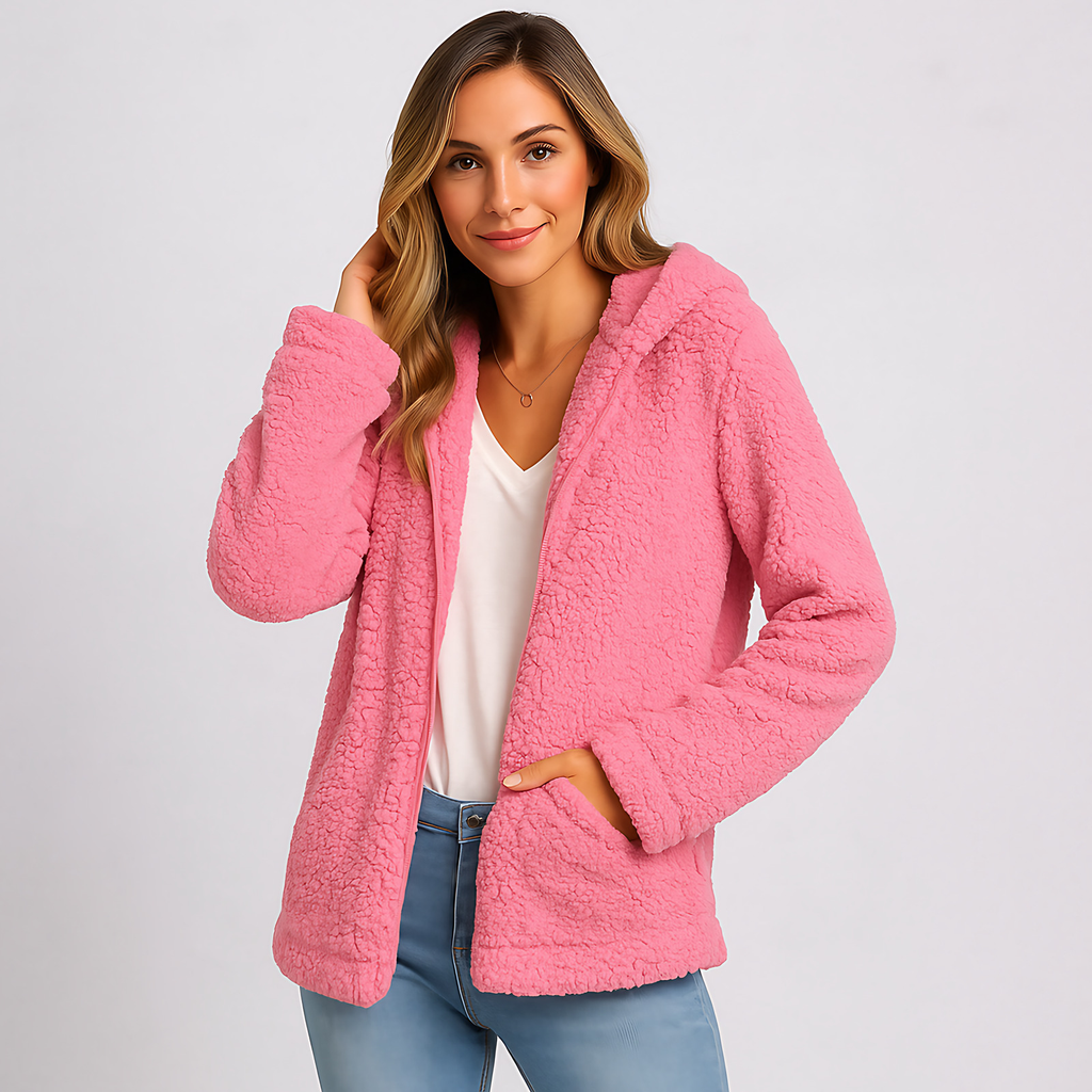 Veste chaude à capuche femme, poches latérales, dix coloris, rouge clair