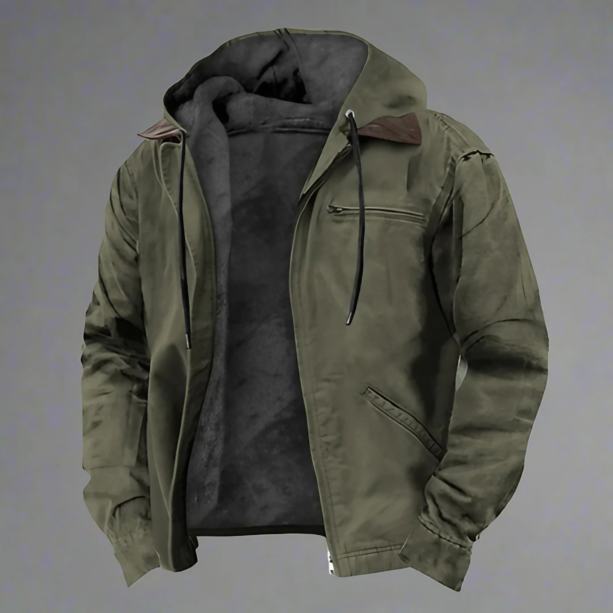 Veste chaude homme à capuche ajustable, doublée, à poches, vert