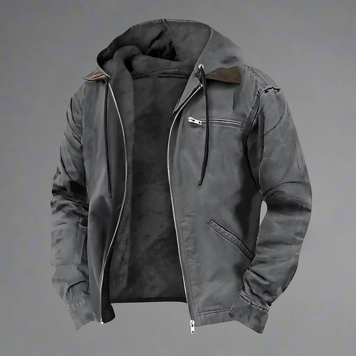 Veste chaude homme à capuche ajustable, doublée, à poches, gris