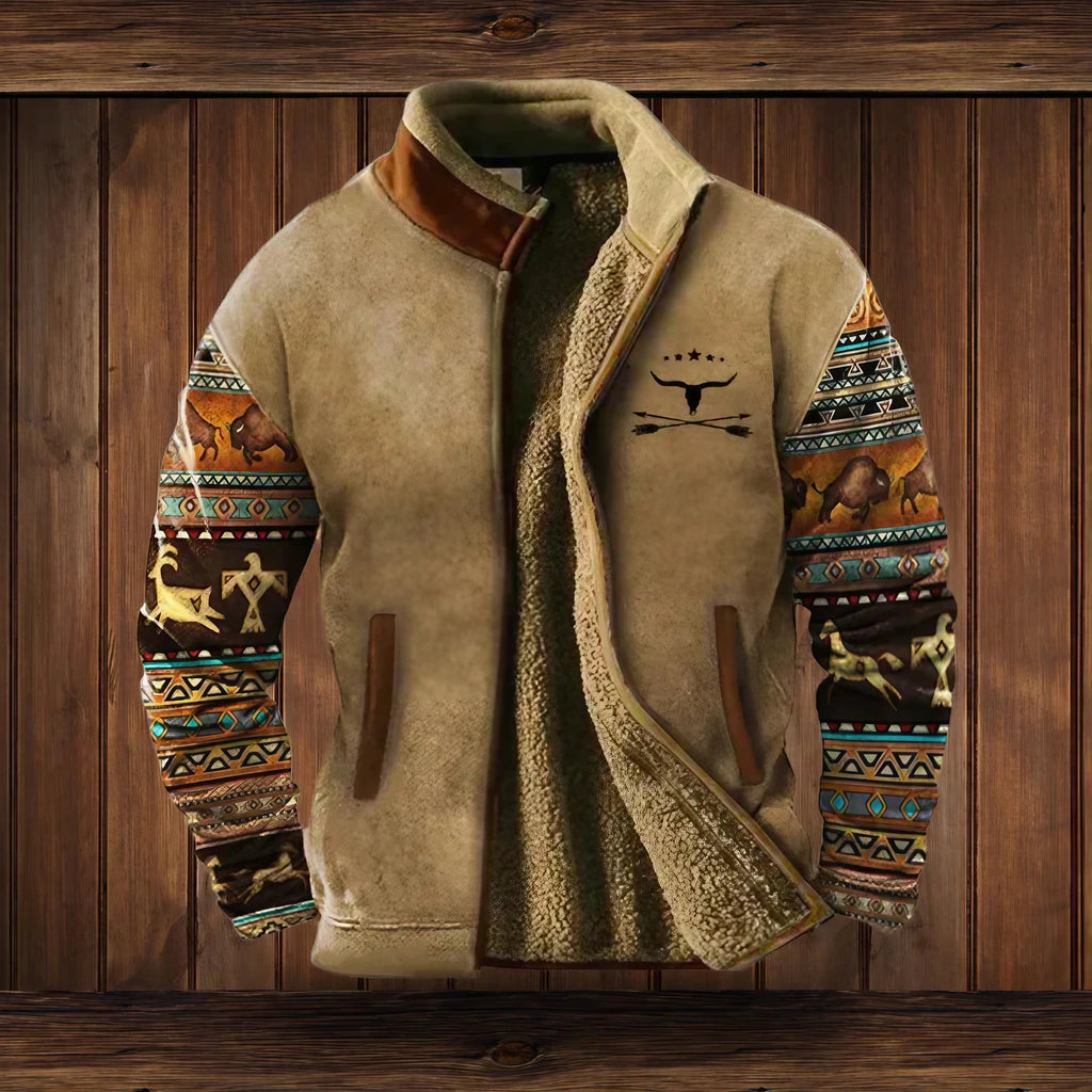 Veste homme style western à motifs ethniques, coupe ajustée, marron clair