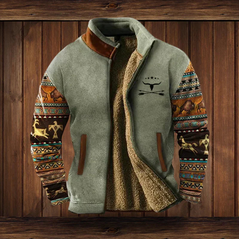 Veste homme style western à motifs ethniques, coupe ajustée, gris