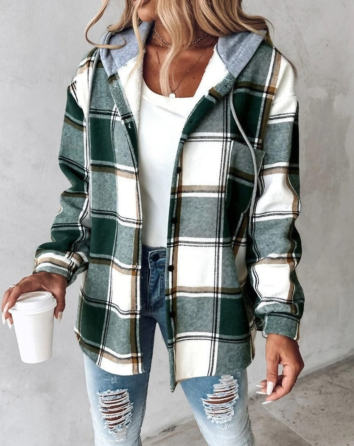 Veste chemise femme à capuche, boutonnée, cinq coloris, vert