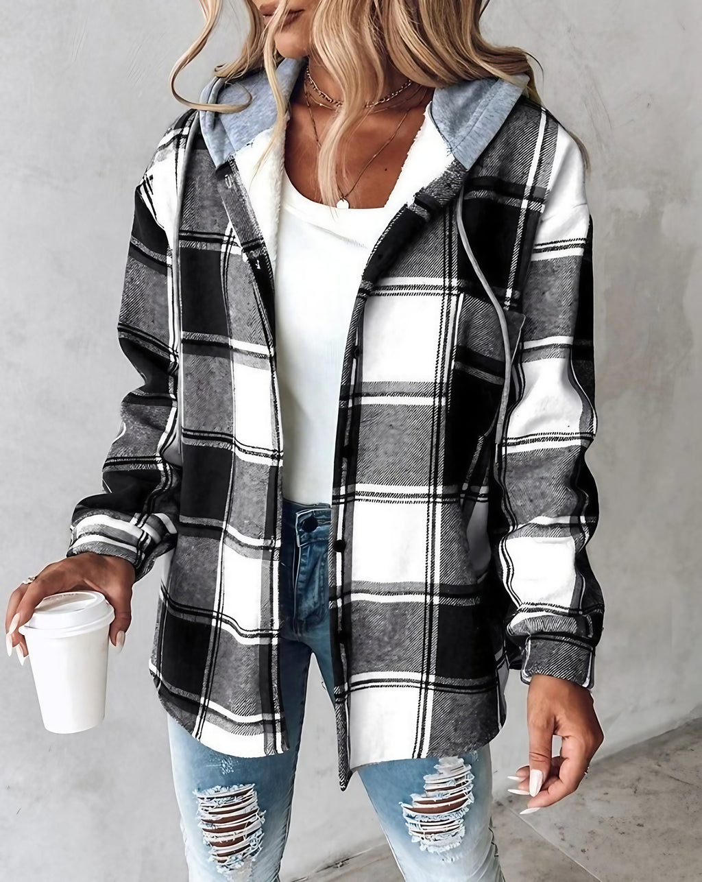 Veste chemise femme à capuche, boutonnée, cinq coloris, noir