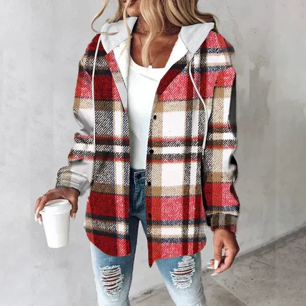 Veste chemise femme à capuche, boutonnée, cinq coloris, rouge