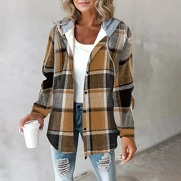 Veste chemise femme à capuche, boutonnée, cinq coloris, marron