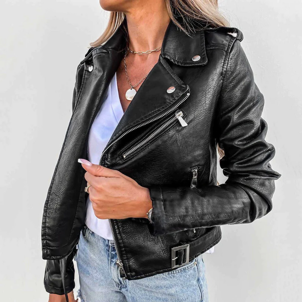 Veste cintrée femme à col montant et ceinture, rouge ou noir
