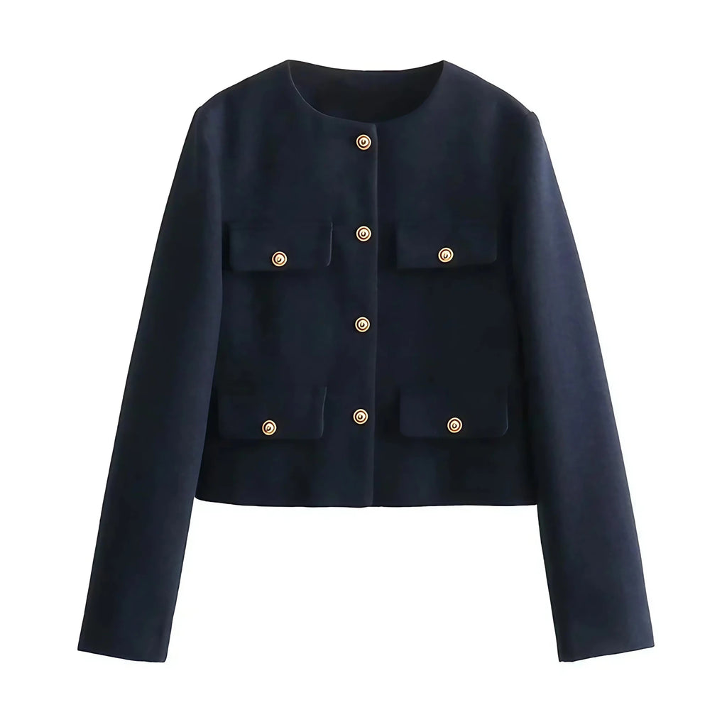 Veste cintrée femme à boutons dorés, du XS au XL, bleu marine