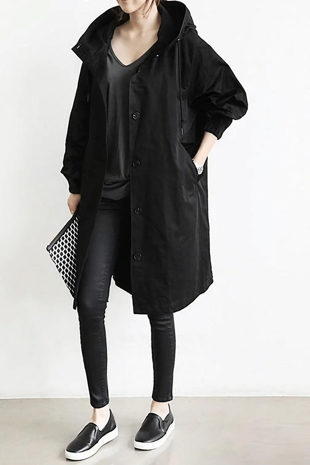 Veste coupe-vent imperméable femme oversize, à capuche, noir