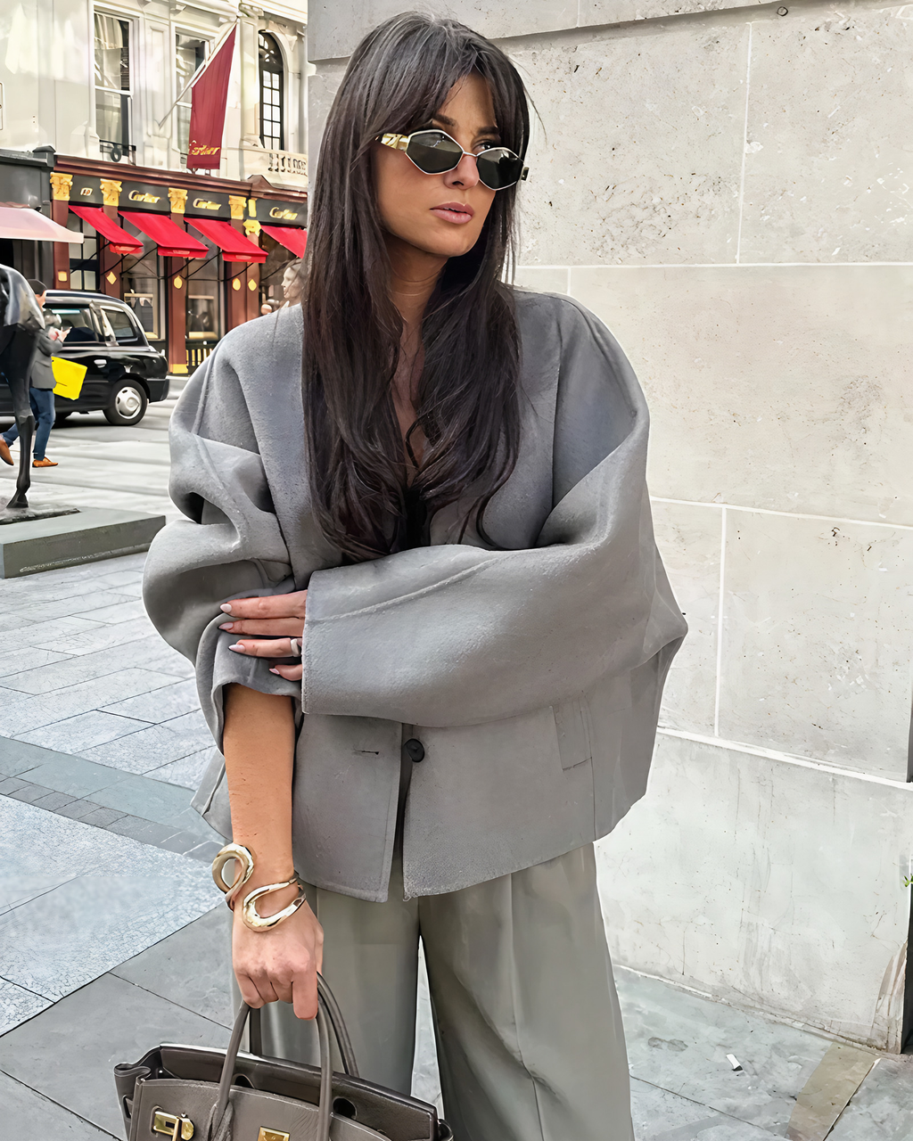 Veste courte femme col V boutonnée, gris clair, du S au L, gris clair