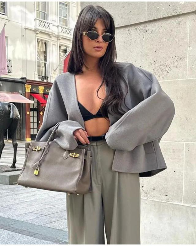 Veste courte femme col V boutonnée, gris clair, du S au L