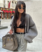 Veste courte femme col V boutonnée, gris clair, du S au L