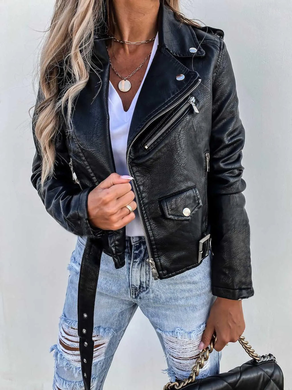 Veste courte femme ceinturée à col rabattu, noir ou rouge, noir