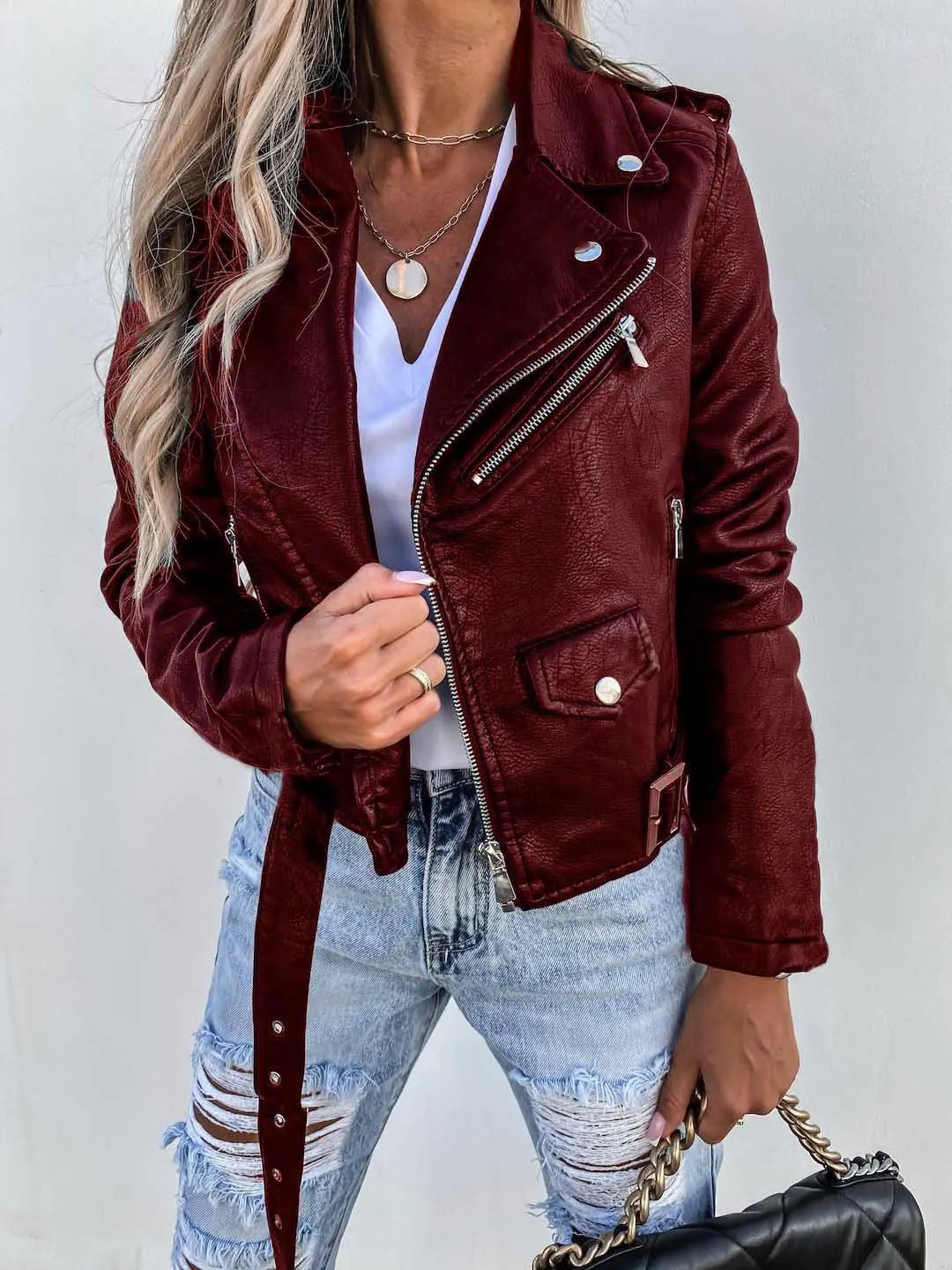 Veste courte femme ceinturée à col rabattu, noir ou rouge, rouge