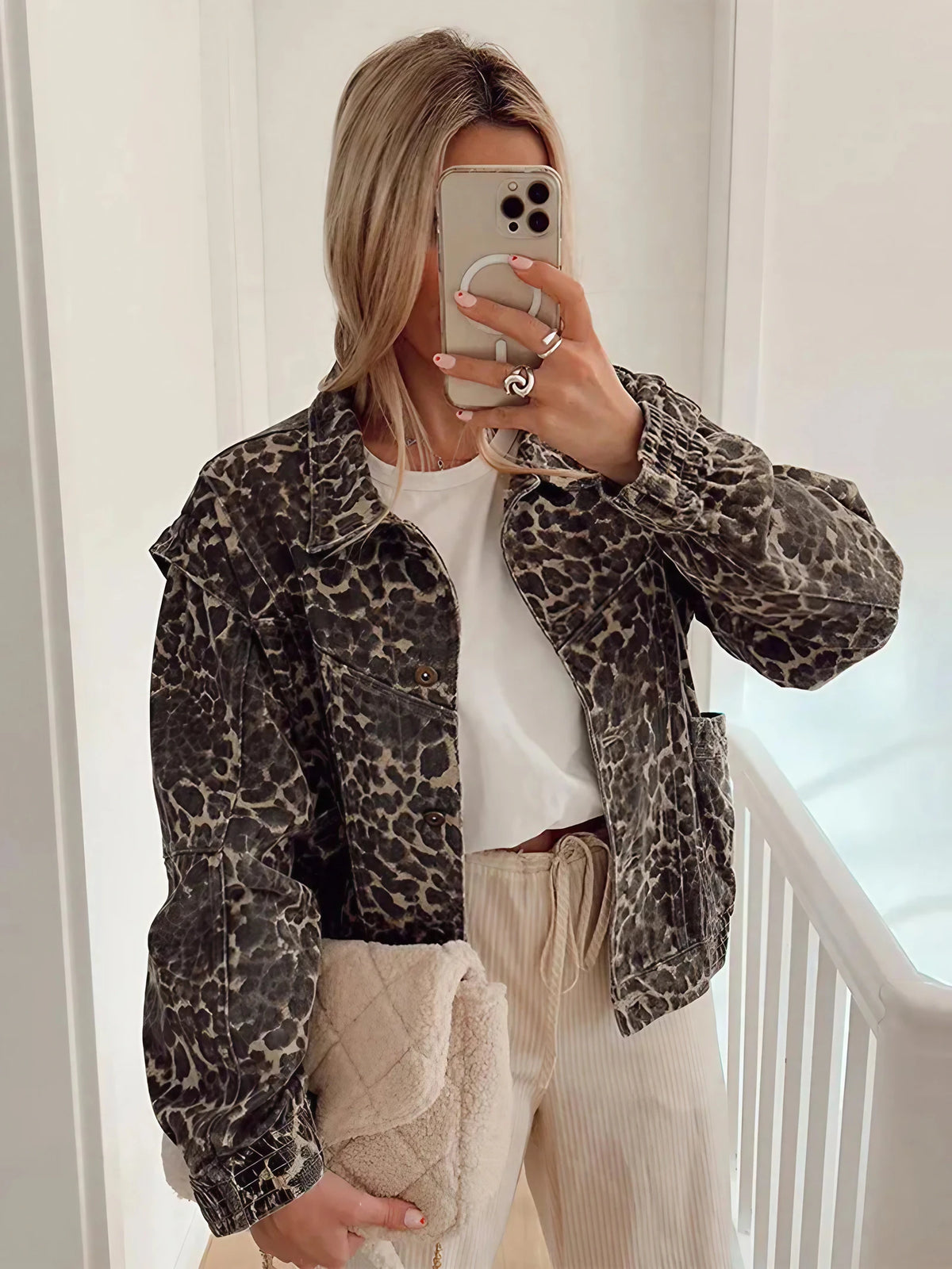 Veste courte léopard femme à manches longues, coupe décontractée, imprimé léopard
