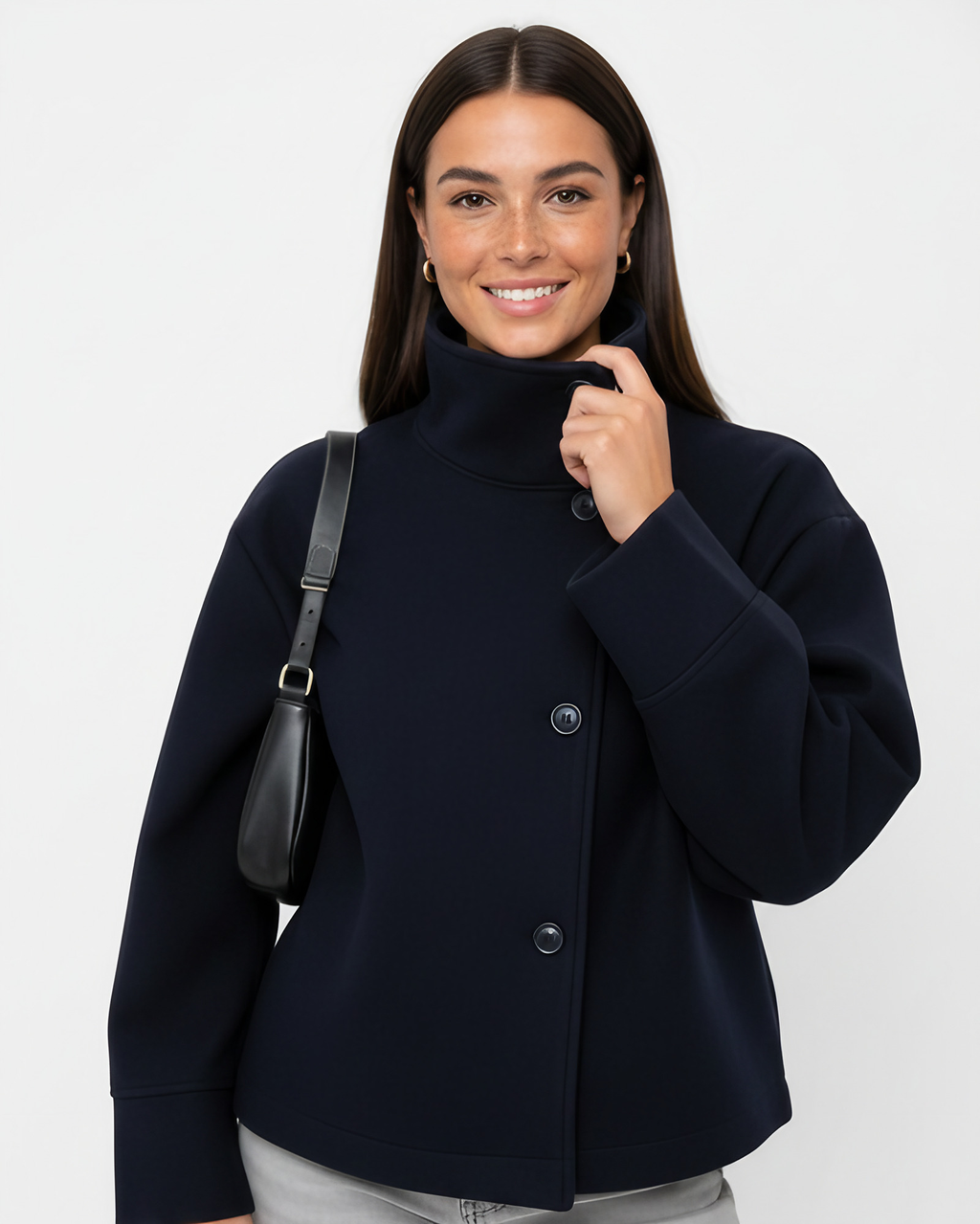 Veste courte femme à col montant, boutonnée, pour l'automne, bleu