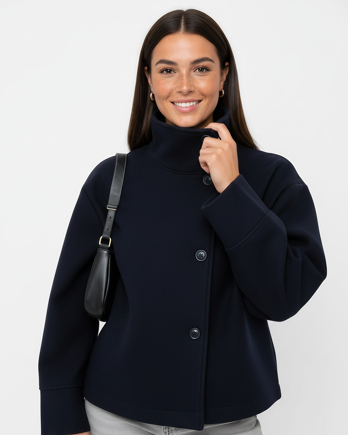Veste courte femme à col montant, boutonnée, pour l'automne, bleu