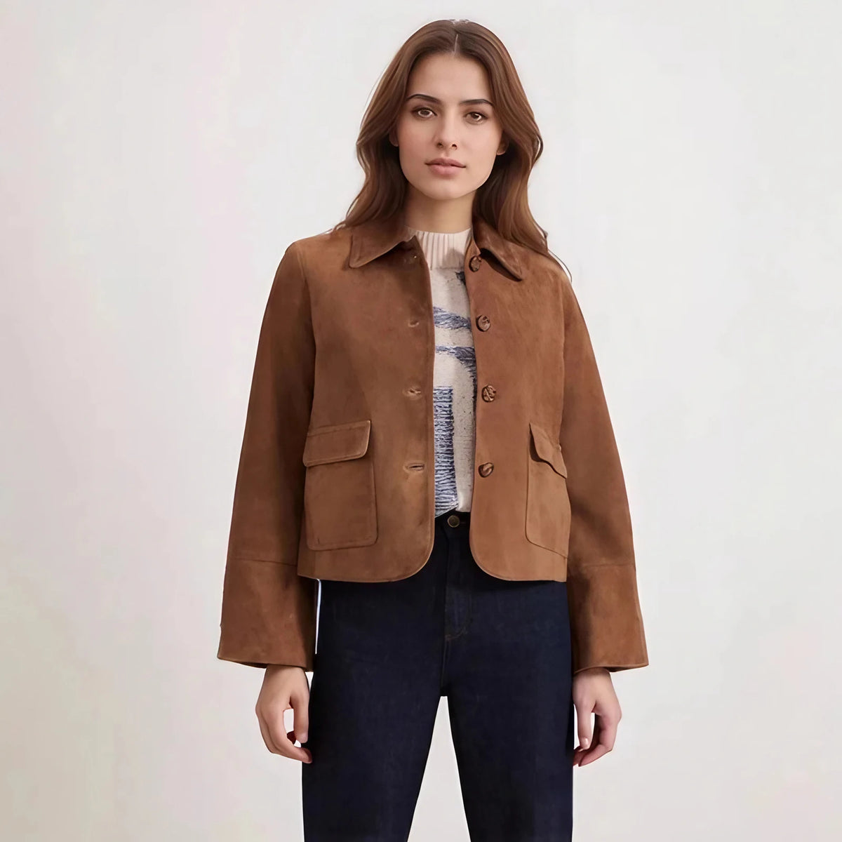 Veste courte droite femme marron, poches à rabat, marron