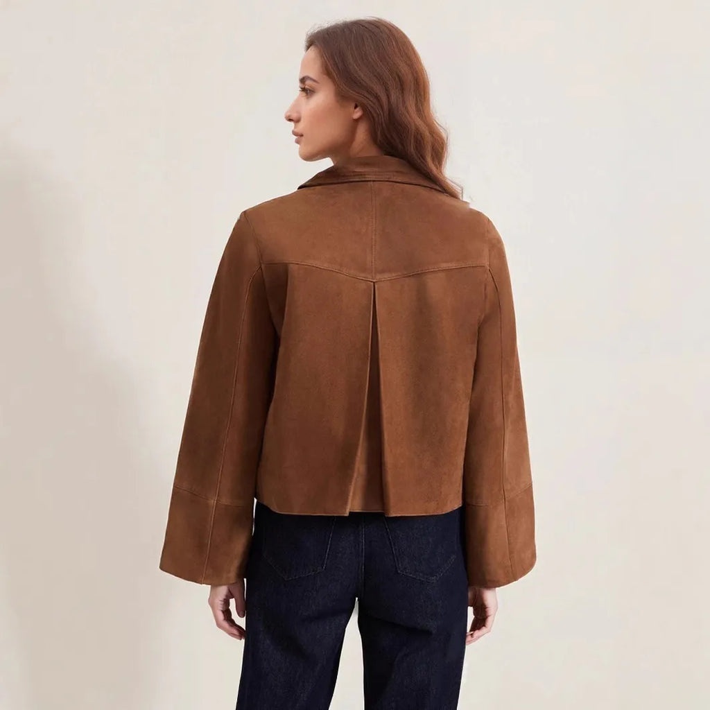 Veste courte droite femme marron, poches à rabat