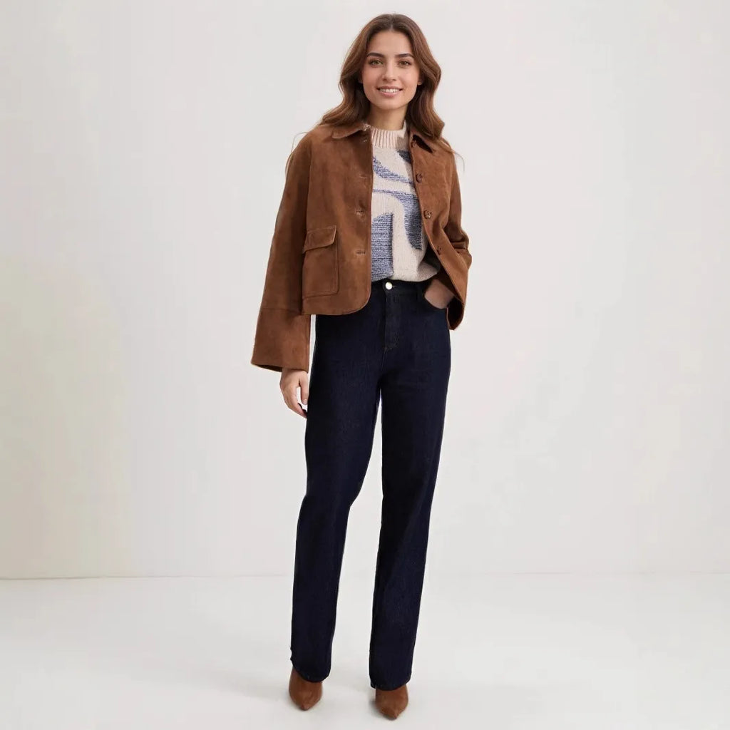 Veste courte droite femme marron, poches à rabat