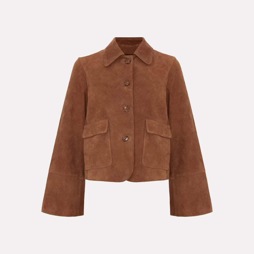 Veste courte droite femme marron, poches à rabat