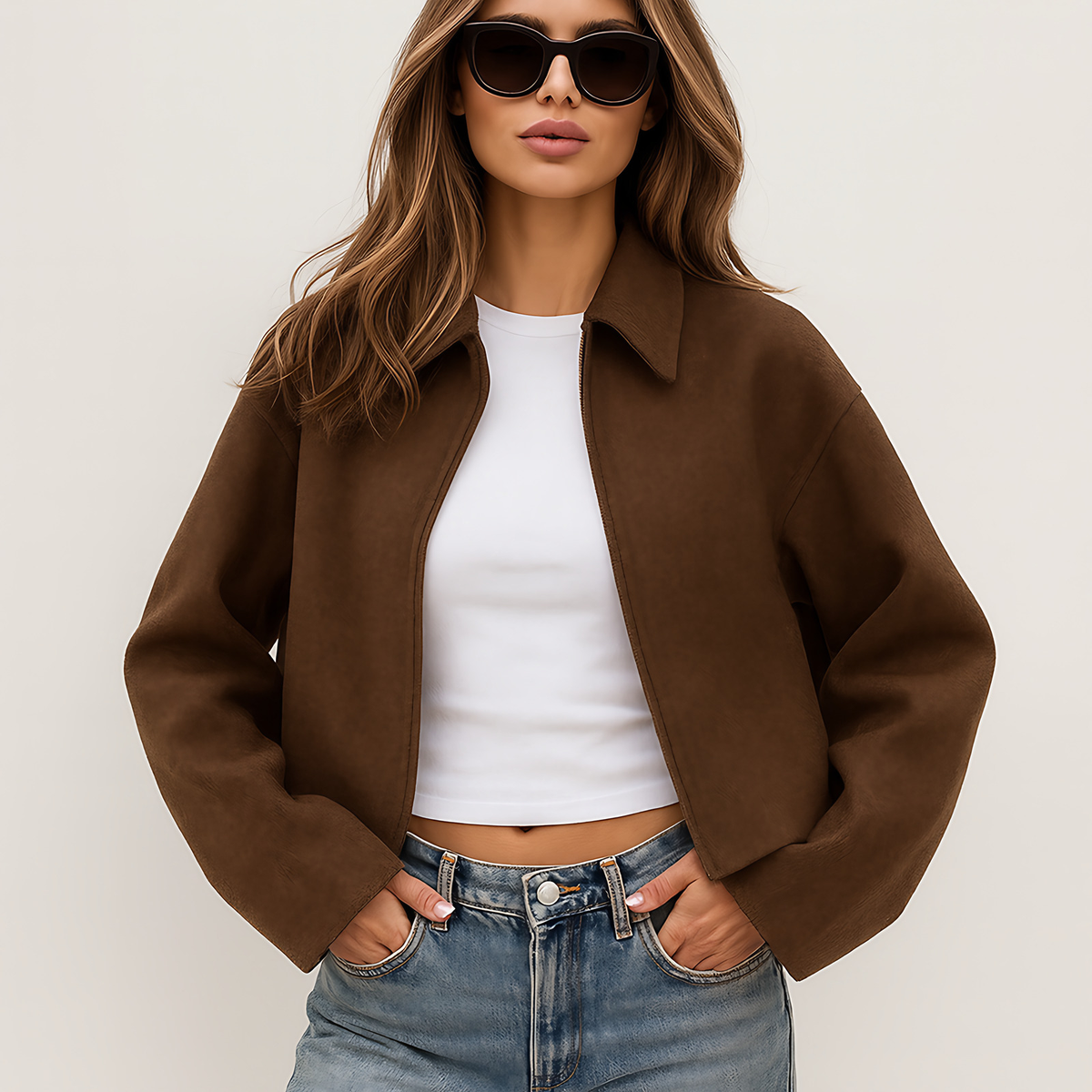 Veste courte femme à zip métal et poches latérales, marron
