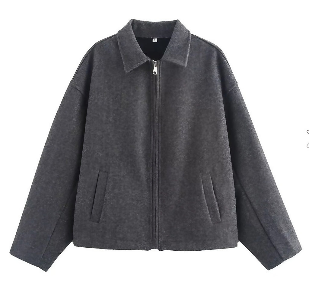 Veste courte femme à zip métal et poches latérales, gris foncé