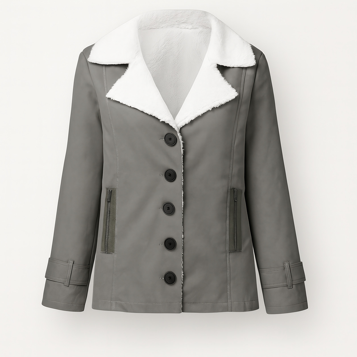 Veste d'hiver femme mi-longue à revers crantés, boutonnée, gris