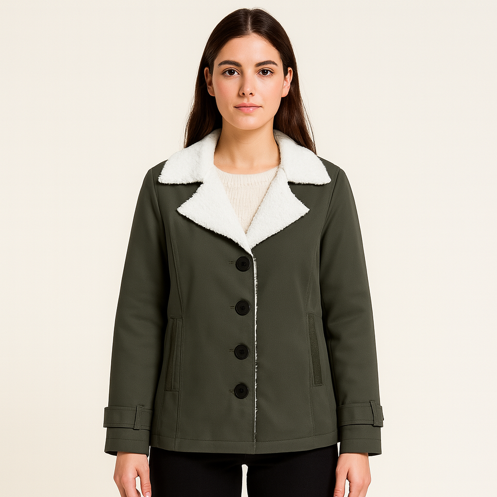 Veste d'hiver femme mi-longue à revers crantés, boutonnée