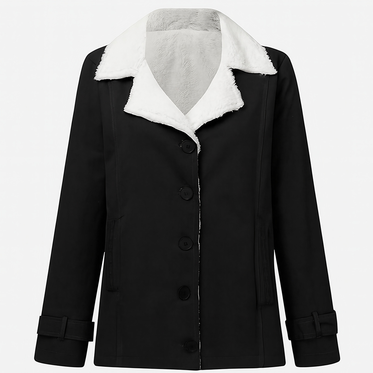 Veste d'hiver femme mi-longue à revers crantés, boutonnée, noir