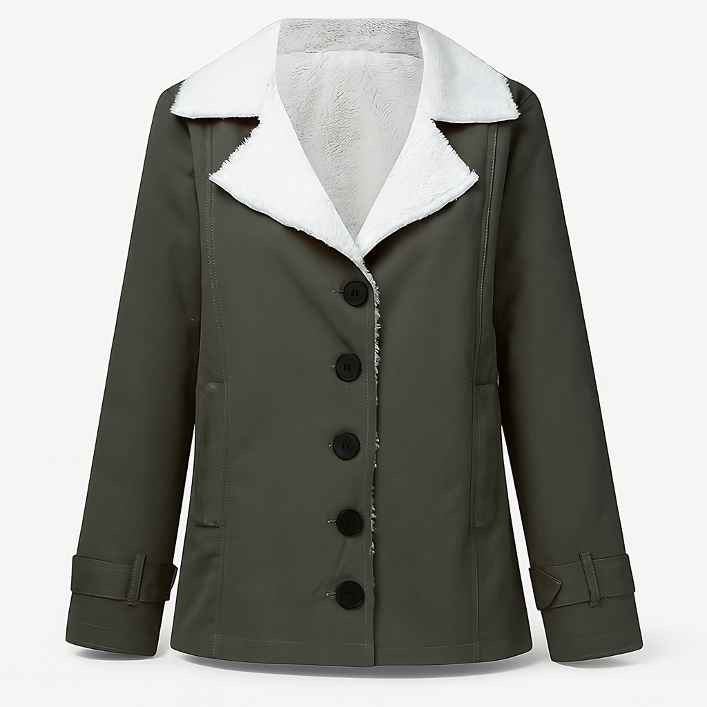 Veste d'hiver femme mi-longue à revers crantés, boutonnée, vert militaire