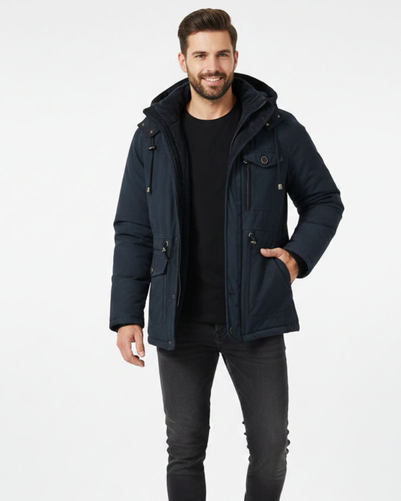 Veste d'hiver homme imperméable à capuche amovible, bleu marine