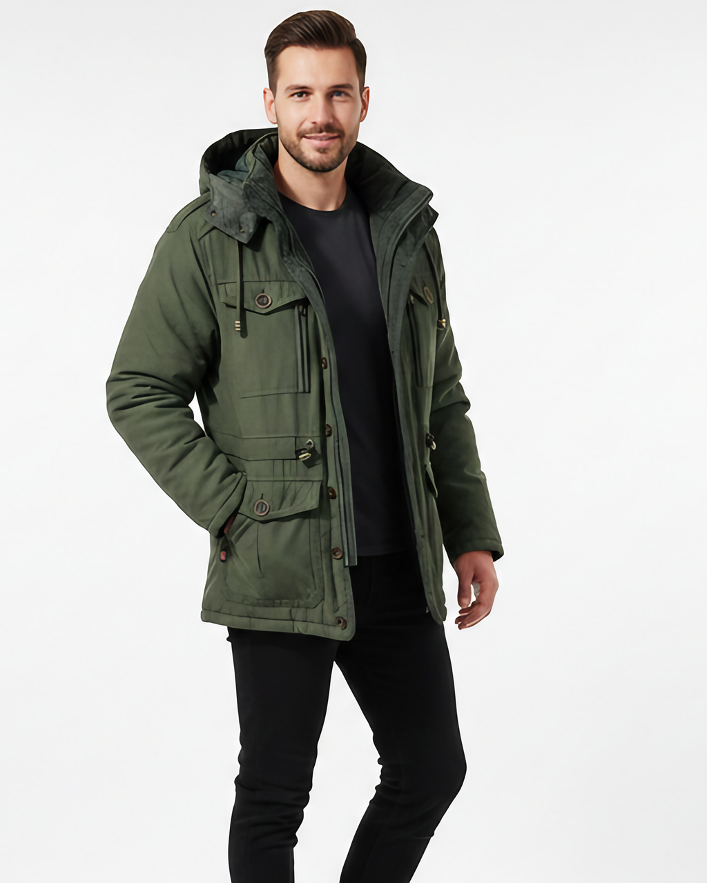 Veste d'hiver homme imperméable à capuche amovible, vert