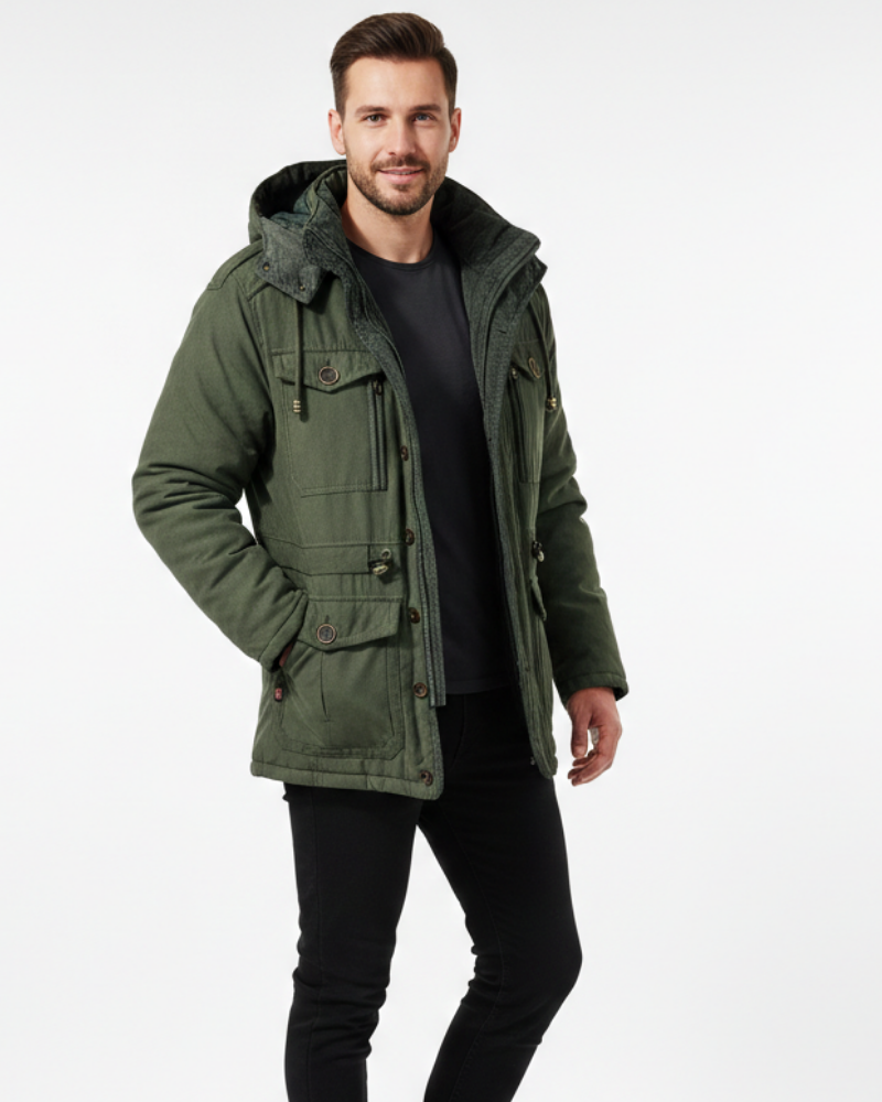 Veste d'hiver homme imperméable à capuche amovible, vert