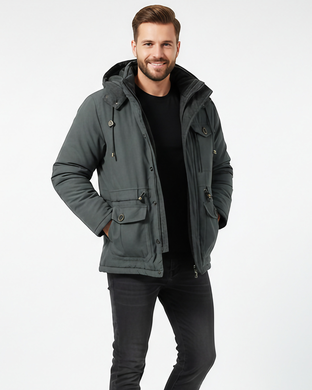 Veste d'hiver homme imperméable à capuche amovible, gris