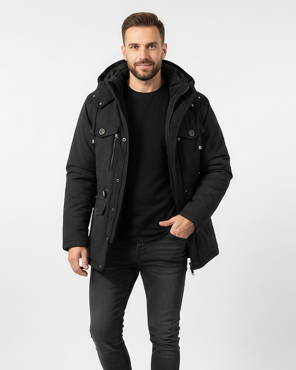 Veste d'hiver homme imperméable à capuche amovible, noir