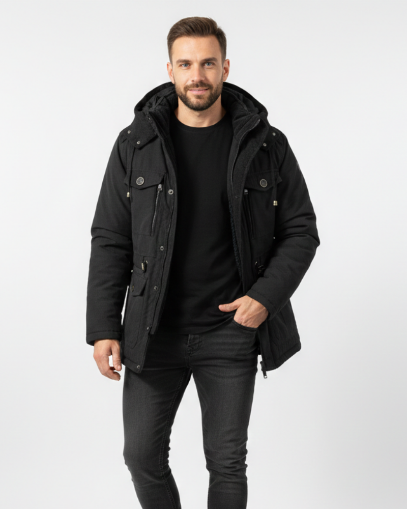 Veste d'hiver homme imperméable à capuche amovible, noir