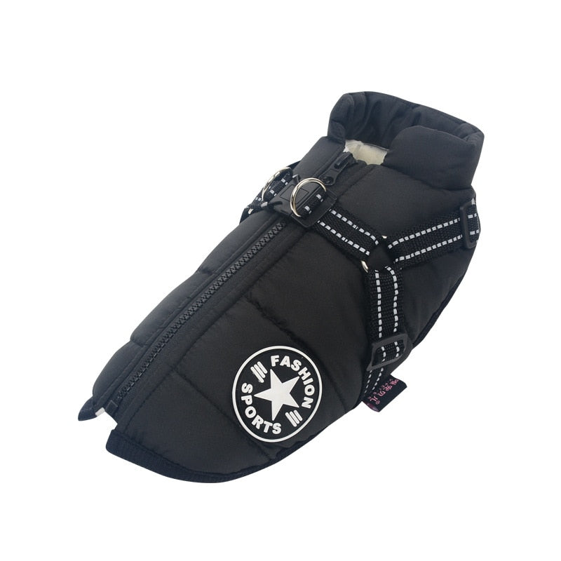 Manteau d'hiver imperméable pour chien, bandes réfléchissantes, noir
