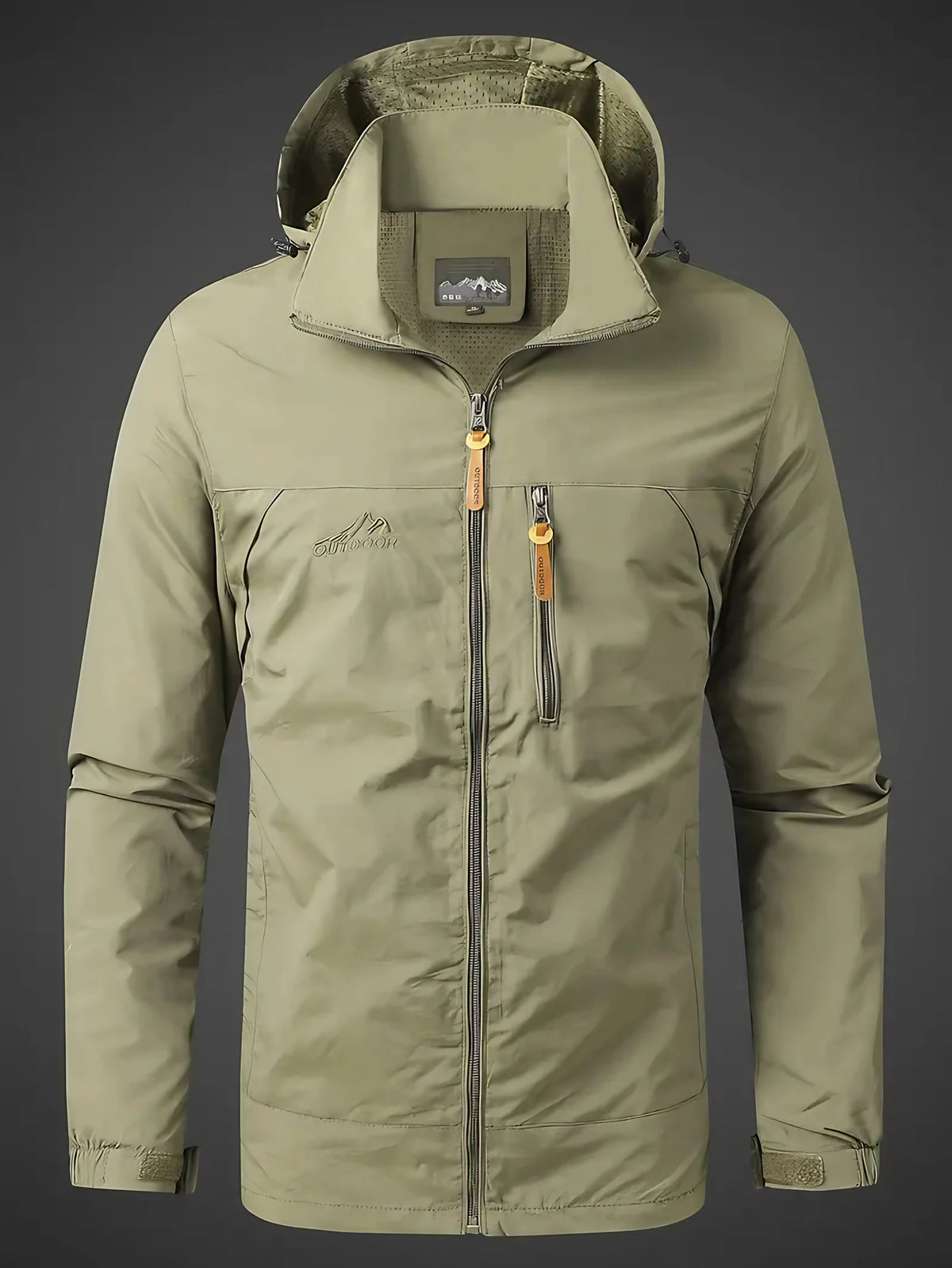 Veste de pluie homme à capuche réglable et poches zippées, kaki
