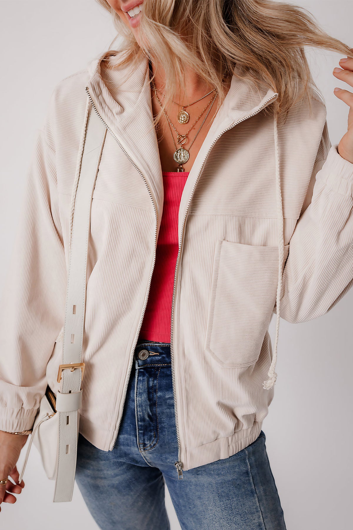 Veste en velours côtelé femme à capuche, du XS au 3XL, blanc