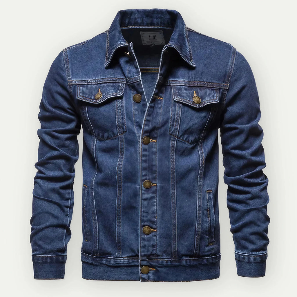 Veste en jean homme coupe trucker, taille et poignets réglables, bleu foncé